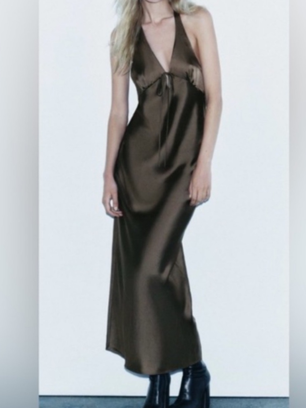Zara Satin Halter Maxi Dress in Brown